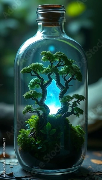 Fototapeta Miniature Enchanted Forest with Twisted Trees and Glowing Blue Light Inside a Glass Bottle