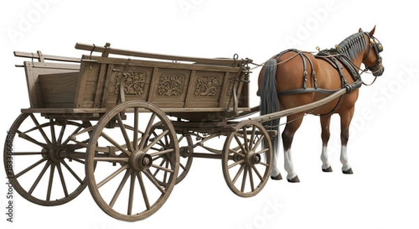 Obraz Horse pulling a vintage wooden cart isolated PNG with Transparent Background