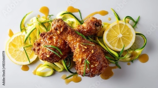 Fototapeta Crispy fried chicken drumsticks with honey mustard glaze on zucchini ribbons lemon garnish bright green fresh ingredients clean beige background for food blog recipe packaging ad

