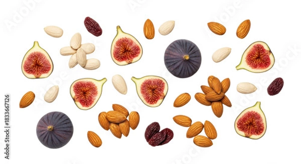 Obraz Figs, almonds and dates overhead shot isolated PNG with Transparent Background