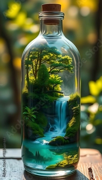 Fototapeta Serene waterfall cascading in a lush, green miniature forest ecosystem inside a glass bottle.