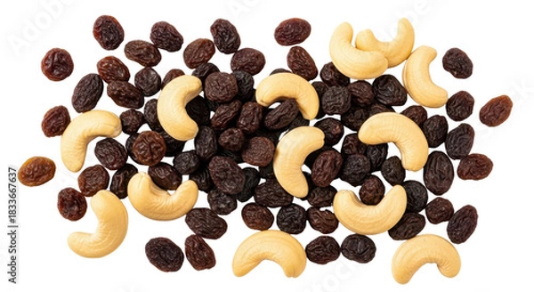 Obraz Cashews and raisins flat lay composition isolated PNG with Transparent Background