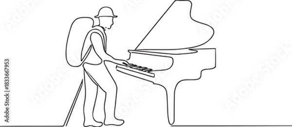 Fototapeta PrintAdventurous musician plays grand piano in minimalist line art style