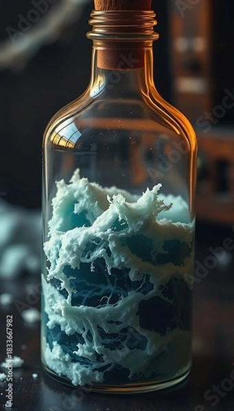 Fototapeta Abstract blue waves and white foam swirling inside a glass bottle, evoking the power of the sea.
