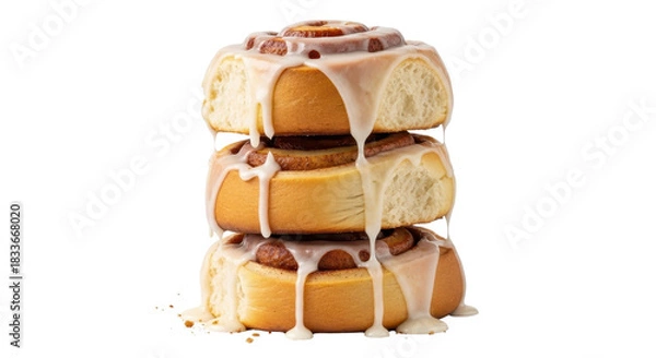 Obraz Stack of three iced cinnamon rolls isolated PNG with Transparent Background