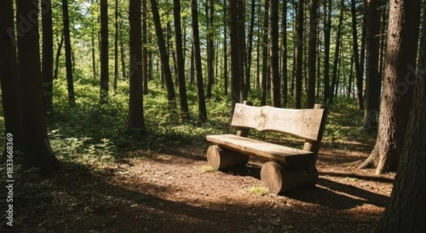 Obraz Wooden bench in a sunlit forest path. Sunlight streams through the trees, illuminating a rustic wooden park bench positioned on a forest path