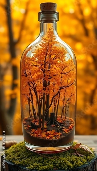 Fototapeta Autumnal scene with colorful trees and fallen leaves inside a glass bottle on a mossy surface.
