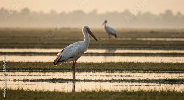 Fototapeta Two white storks in a flooded field at dawn