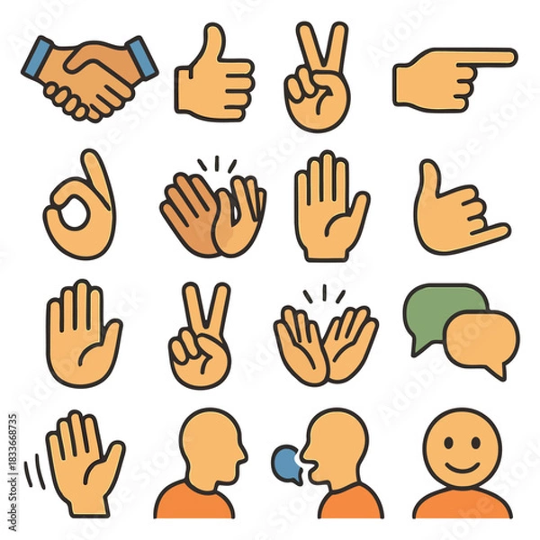 Fototapeta Expressive Gestures: An assortment of human hand gestures and actions, rendered in a colorful flat design, offers a versatile visual vocabulary for communication and interaction. 