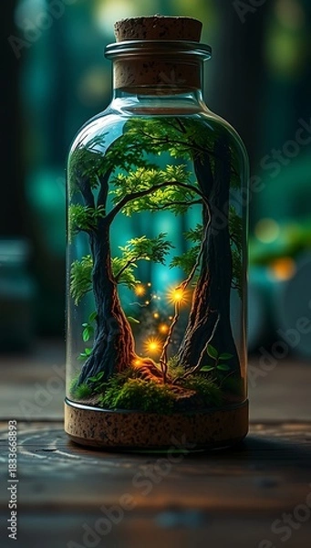 Fototapeta Mystical forest scene with ancient trees and magical fireflies trapped inside a glass bottle, concept art