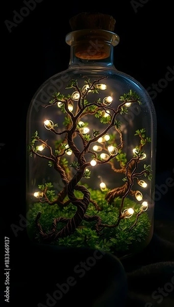 Fototapeta Enchanted miniature tree branches adorned with warm glowing lights inside a glass bottle, fantasy art