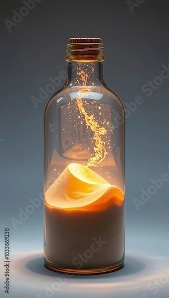 Fototapeta Abstract fiery energy vortex erupting from glowing sand inside a glass bottle, conceptual art