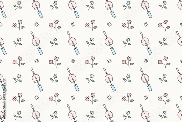 Obraz Cute pastel wind chime and floral doodle seamless pattern for soft aesthetic designs