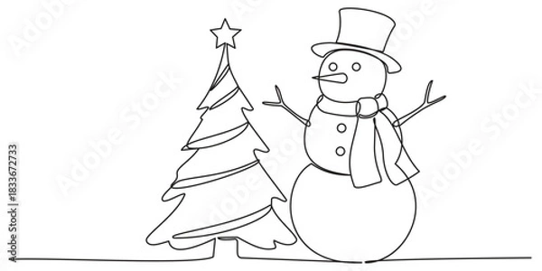 Fototapeta Continuous one line drawing of christmas tree and Snowman in hat with scarf. Festive Winter card in doodle style. Liner Vector illustration