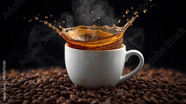 Fototapeta a dramatic splash of steaming coffee into a white ceramic cup
