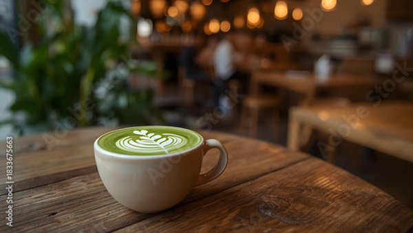 Fototapeta A rustic wooden table holds a small, beige ceramic cup brimming with a vibrant green latte art.