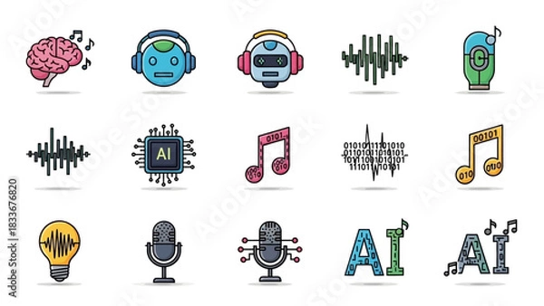 Obraz Collection of AI and Music Related Doodle Icons.