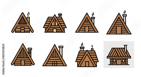 Obraz Collection of A-Frame Cabin Illustrations with Chimneys and Wood Textures.