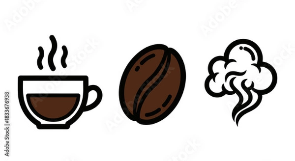 Obraz Coffee Icons - Cup, Bean, and Aroma in Bold Outline.