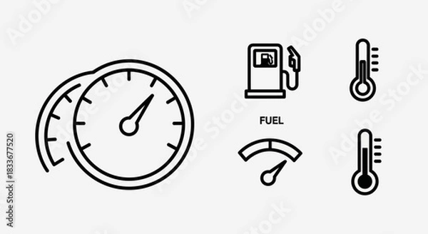 Obraz Car Dashboard Icons - Speedometer, Fuel Gauge, Temperature, and Indicator.