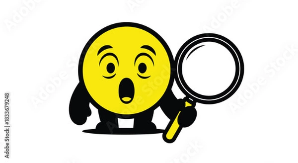 Fototapeta A surprised yellow cartoon character holding a magnifying glass intently