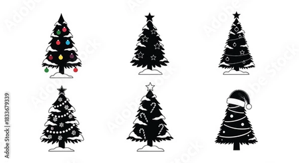 Fototapeta Collection of black and colorful christmas trees with holiday decorations