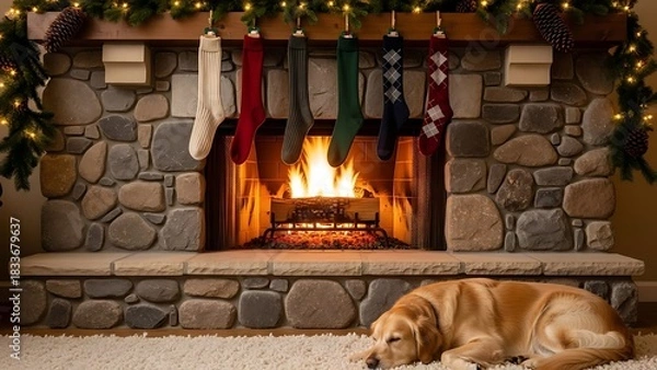 Fototapeta A cozy fireplace with stockings, a warm fire, and a sleeping dog.