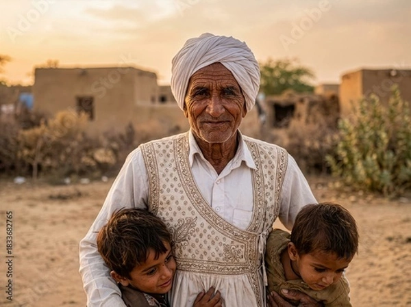 Obraz Portrait Of Elderly Indian Man Wearing White Turban And Vest Standing With Two Young Grandchildren Outdoors