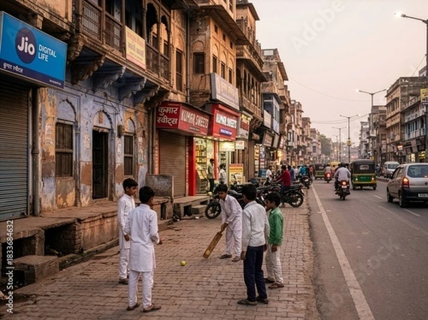 Obraz Young Indian Boys Playing Street Cricket With Plastic Bat Near Old Heritage Buildings In City