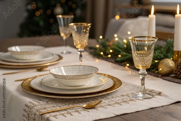 Fototapeta Elegant dining table setting with gold rimmed plates and glassware