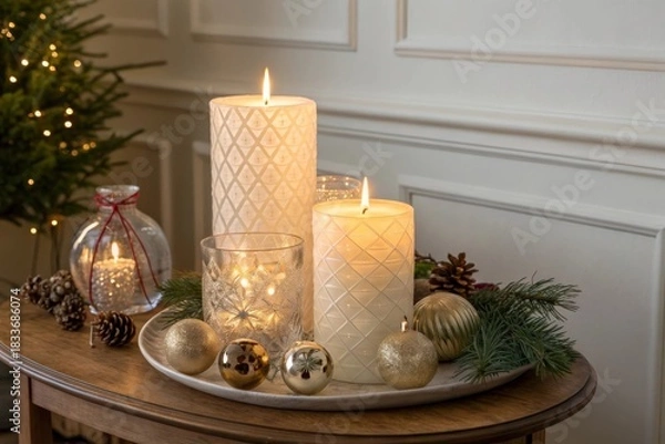 Fototapeta Lit Candles and Ornaments Displayed on a Table for the Holidays