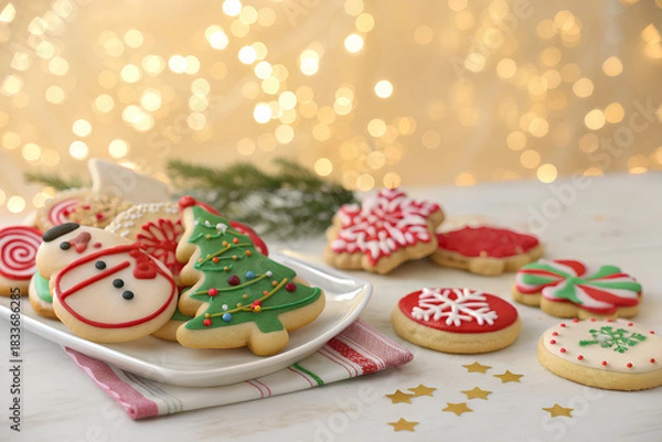 Obraz Assorted decorated Christmas cookies with festive lights
