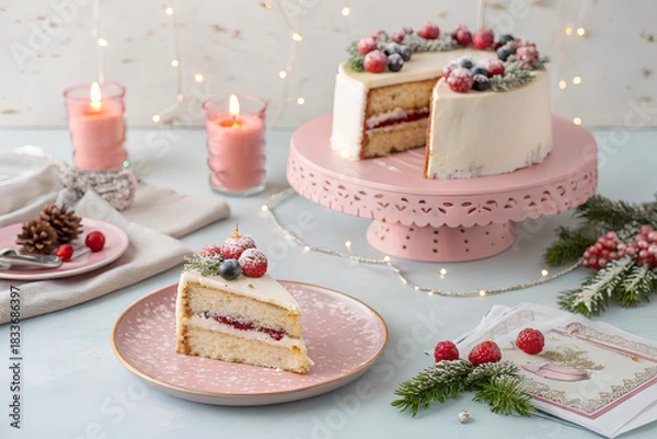 Obraz Elegant Christmas layer cake with berries and candles
