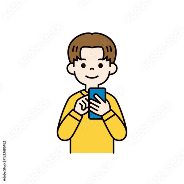 Obraz 笑顔でスマートフォンを操作する、10代の若い男性の上半身ベクターイラスト素材＿カラー