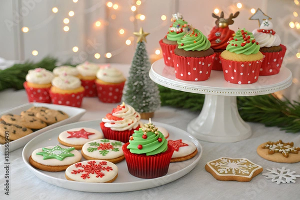 Obraz Christmas cupcakes and cookies with festive icing

