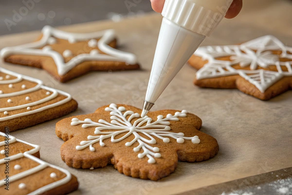 Obraz Decorating Christmas gingerbread cookies with icing
