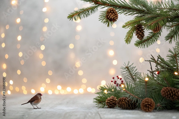 Obraz Christmas background with bird and pine branches

