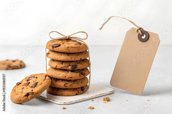 Obraz Stack of chocolate chip cookies with gift tag
