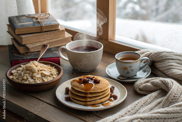 Obraz Cozy winter breakfast by snowy window
