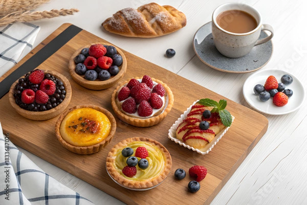 Obraz Assorted fruit tarts and coffee on breakfast table
