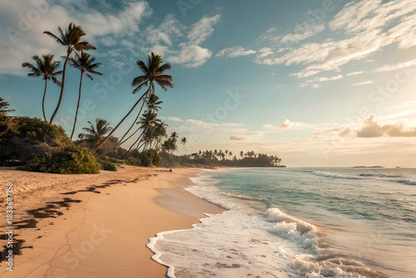 Obraz Tropical beach with palm trees at sunset
