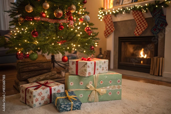 Obraz Christmas gifts under tree by fireplace
