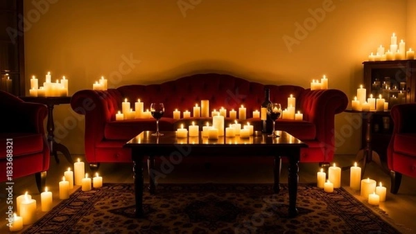 Fototapeta Interior scene with numerous candles illuminating a red sofa and table.