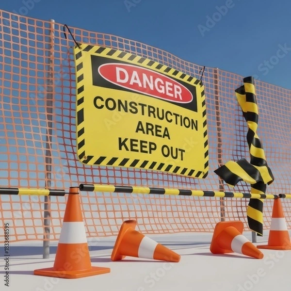 Obraz Construction site hazard sign, fence, cones. Bright, outdoor scene. Simulated