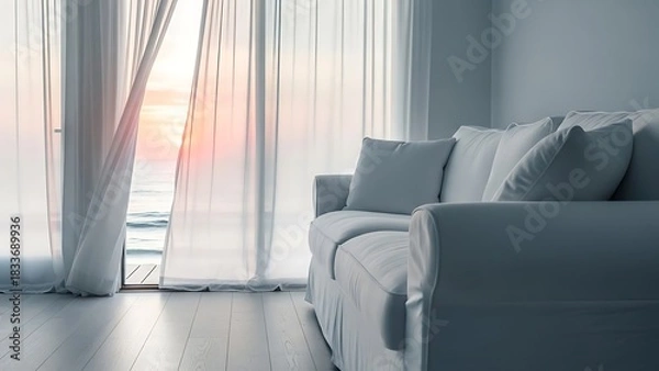 Fototapeta A bright, airy living room with a white sofa, curtains, and a view of the ocean.