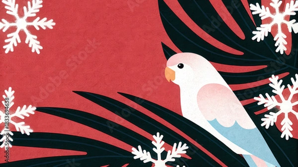 Obraz Tropical Christmas parrot illustration. Colorful illustration featuring a parrot amidst tropical leaves and snowflakes on a vibrant background.