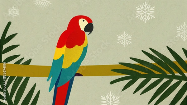 Obraz Tropical Christmas parrot illustration. Colorful parrot perched on a branch surrounded by stylized foliage and snowflakes.