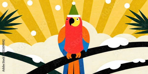 Obraz Tropical Christmas parrot illustration. Colorful parrot in a festive hat against a vibrant, sunny backdrop with clouds and greenery.