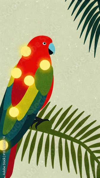 Obraz Tropical Christmas parrot illustration. Colorful parrot perched on a leafy branch, featuring a vibrant design.