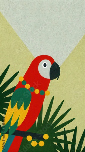 Obraz Tropical Christmas parrot illustration. Colorful parrot illustration with tropical foliage and geometric design elements.